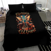 Black bedding set featuring a winged skeleton illustration with “my Old Friend” text