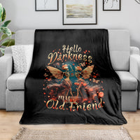 Black throw blanket with skeleton fairy and “Hello Darkness, my Old Friend” text