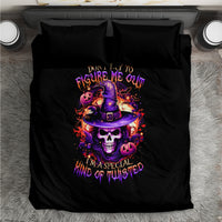 Black bedding set with purple witch skull and cauldron graphic, duvet and pillowcases