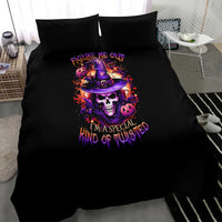 Black duvet cover and pillowcases featuring purple witch skull and cauldron print