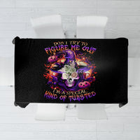 Black tablecloth with witch skull print and “Don't Try To Figure Me Out” text