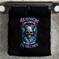 Black duvet cover with centered skull artwork and 'HEAVEN' text, matching pillowcases
