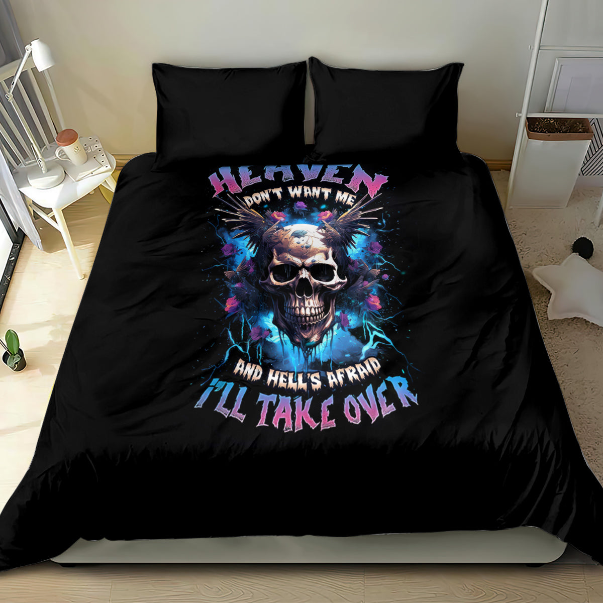 Black duvet set front view with skull face graphic and 'HEAVEN' banner text