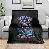 Black skull graphic throw blanket with colorful Heaven text and 'I'll take over' design.