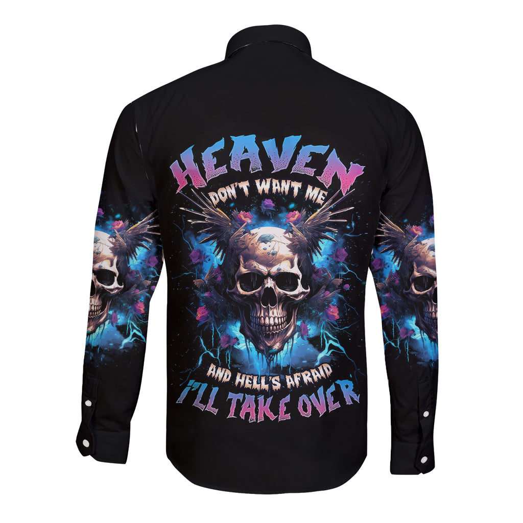 Wings Skull Long Sleeve Button Shirt Heaven Don't Want Me Hell Afraid I Take Over - Wonder Print Shop