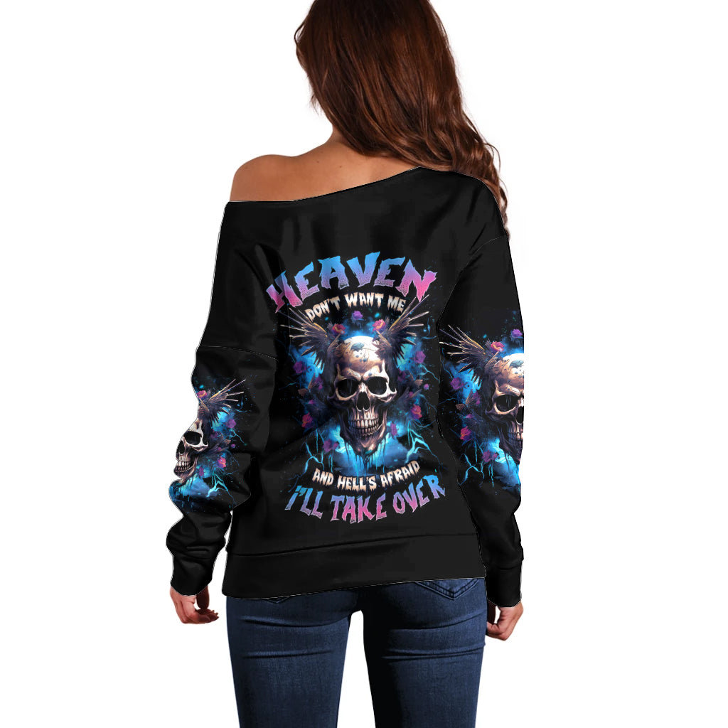 Wings Skull Off Shoulder Sweater Heaven Don't Want Me Hell Afraid I Take Over - Wonder Print Shop