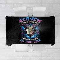 Black skull graphic tablecloth laid flat, matching image centered on top