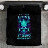 Black duvet and pillow bedding set with centered flame skull graphic and 24/7 text