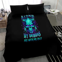 Black bedding set with neon blue flame skull and 'My demons are with me 24/7' text