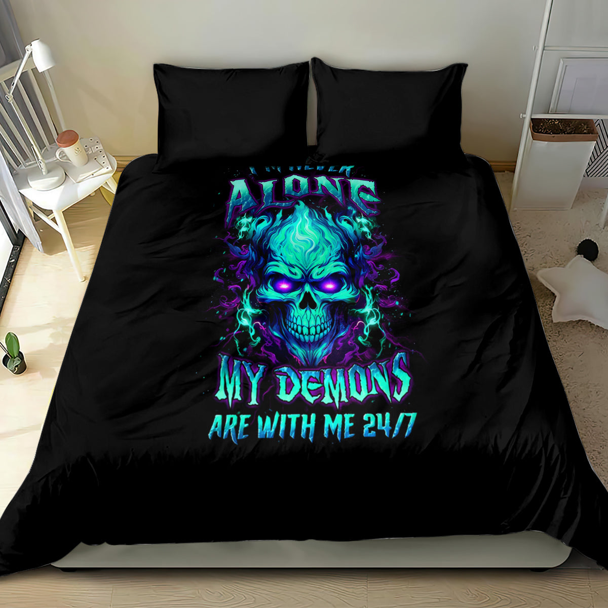 Black flame skull bedding set with neon blue face graphic and matching pillow set
