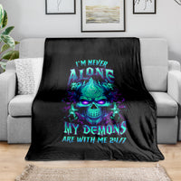 Black flame skull blanket with neon 'I'm Never Alone' and 'My Demons 24/7' text
