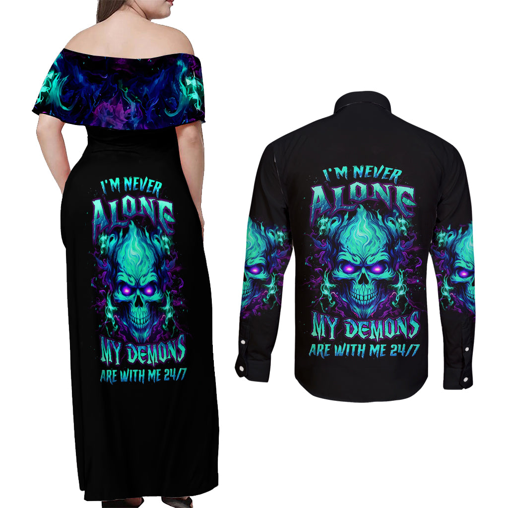 Flame Skull Couples Matching Off Shoulder Maxi Dress and Long Sleeve Button Shirt I'm Never Alone My Demons With Me 24/7 - Wonder Print Shop