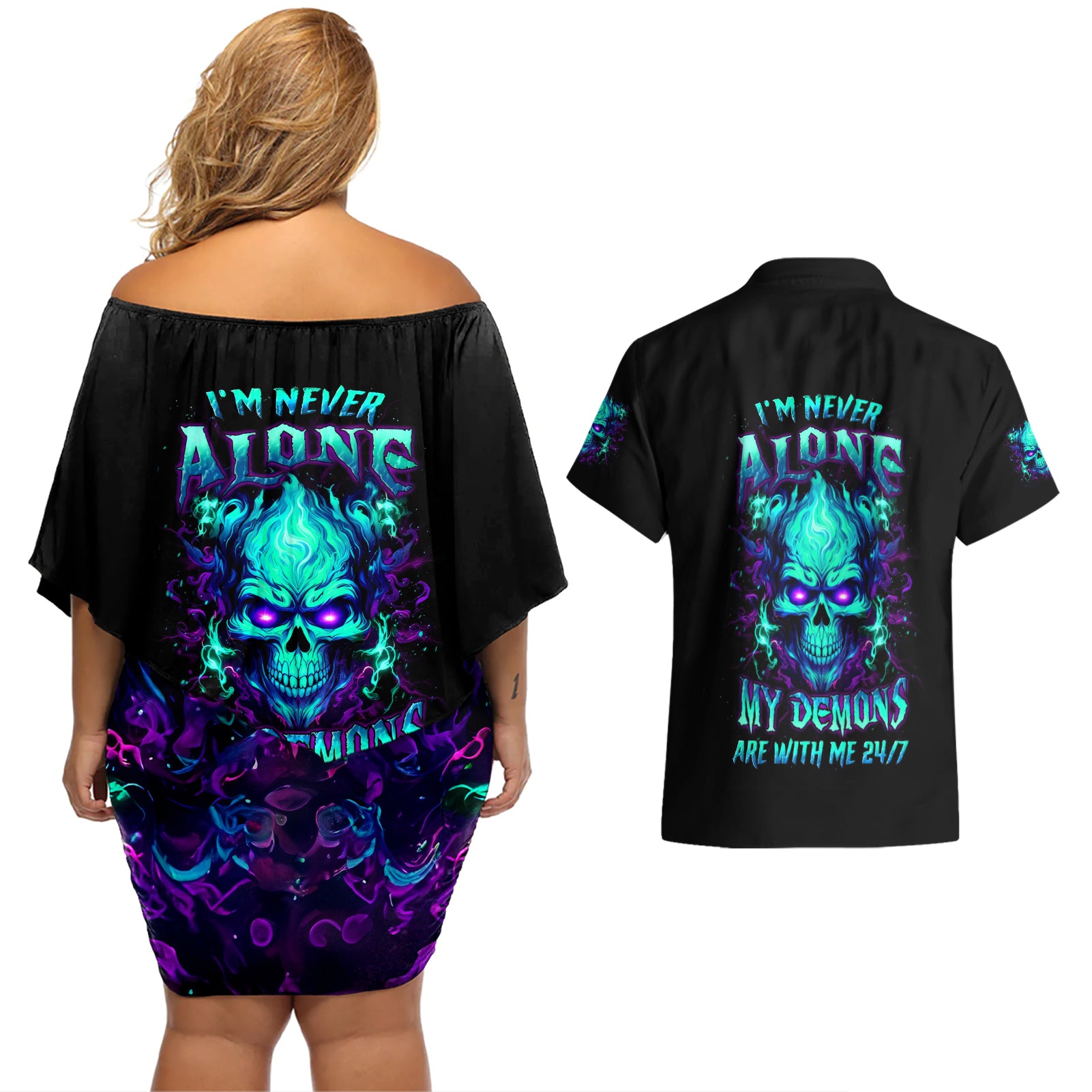 Flame Skull Couples Matching Off Shoulder Short Dress and Hawaiian Shirt I'm Never Alone My Demons With Me 24/7 - Wonder Print Shop