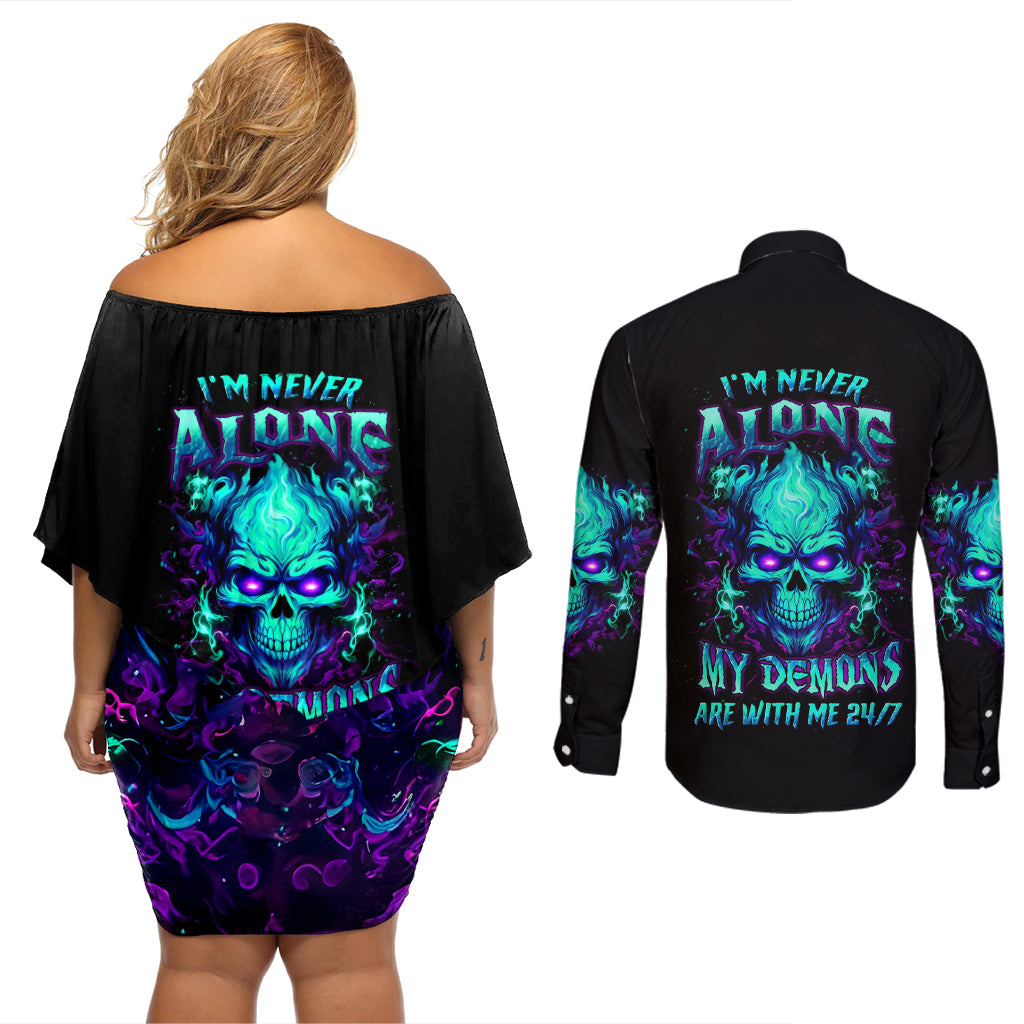 Flame Skull Couples Matching Off Shoulder Short Dress and Long Sleeve Button Shirt I'm Never Alone My Demons With Me 24/7 - Wonder Print Shop