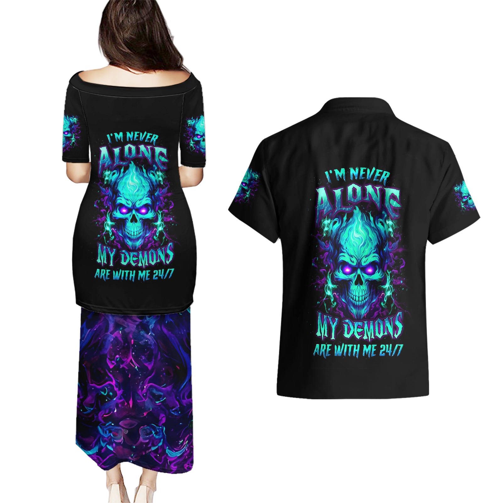 Flame Skull Couples Matching Puletasi Dress and Hawaiian Shirt I'm Never Alone My Demons With Me 24/7 - Wonder Print Shop