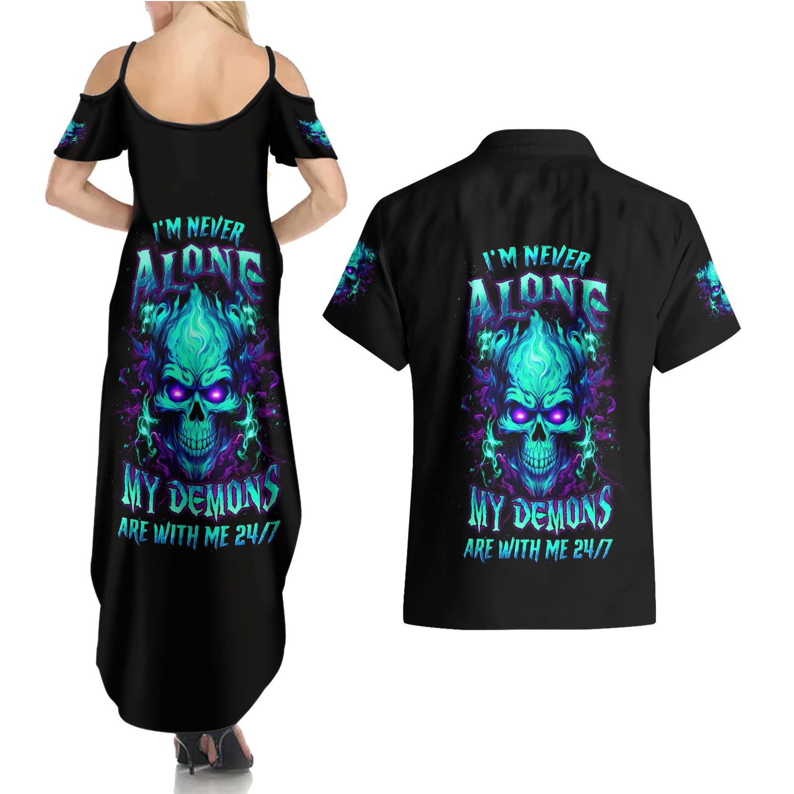 Flame Skull Couples Matching Summer Maxi Dress and Hawaiian Shirt I'm Never Alone My Demons With Me 24/7 - Wonder Print Shop