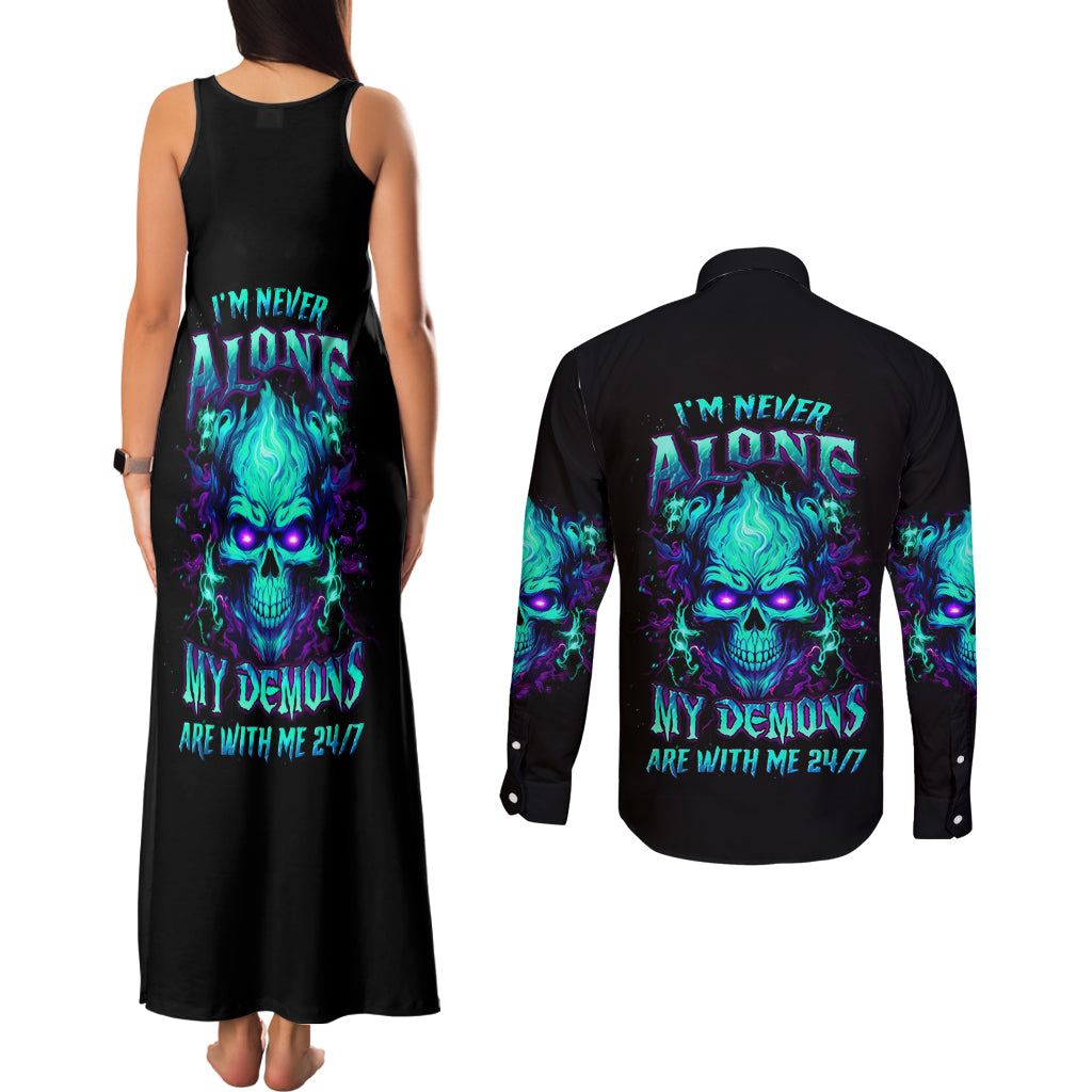 Flame Skull Couples Matching Tank Maxi Dress and Long Sleeve Button Shirt I'm Never Alone My Demons With Me 24/7 - Wonder Print Shop