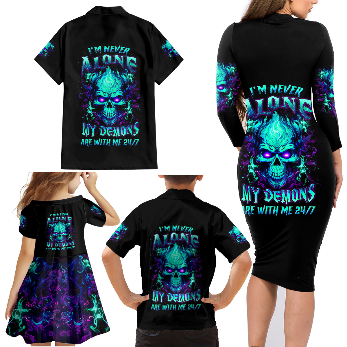 Flame Skull Family Matching Long Sleeve Bodycon Dress and Hawaiian Shirt I'm Never Alone My Demons With Me 24/7 - Wonder Print Shop