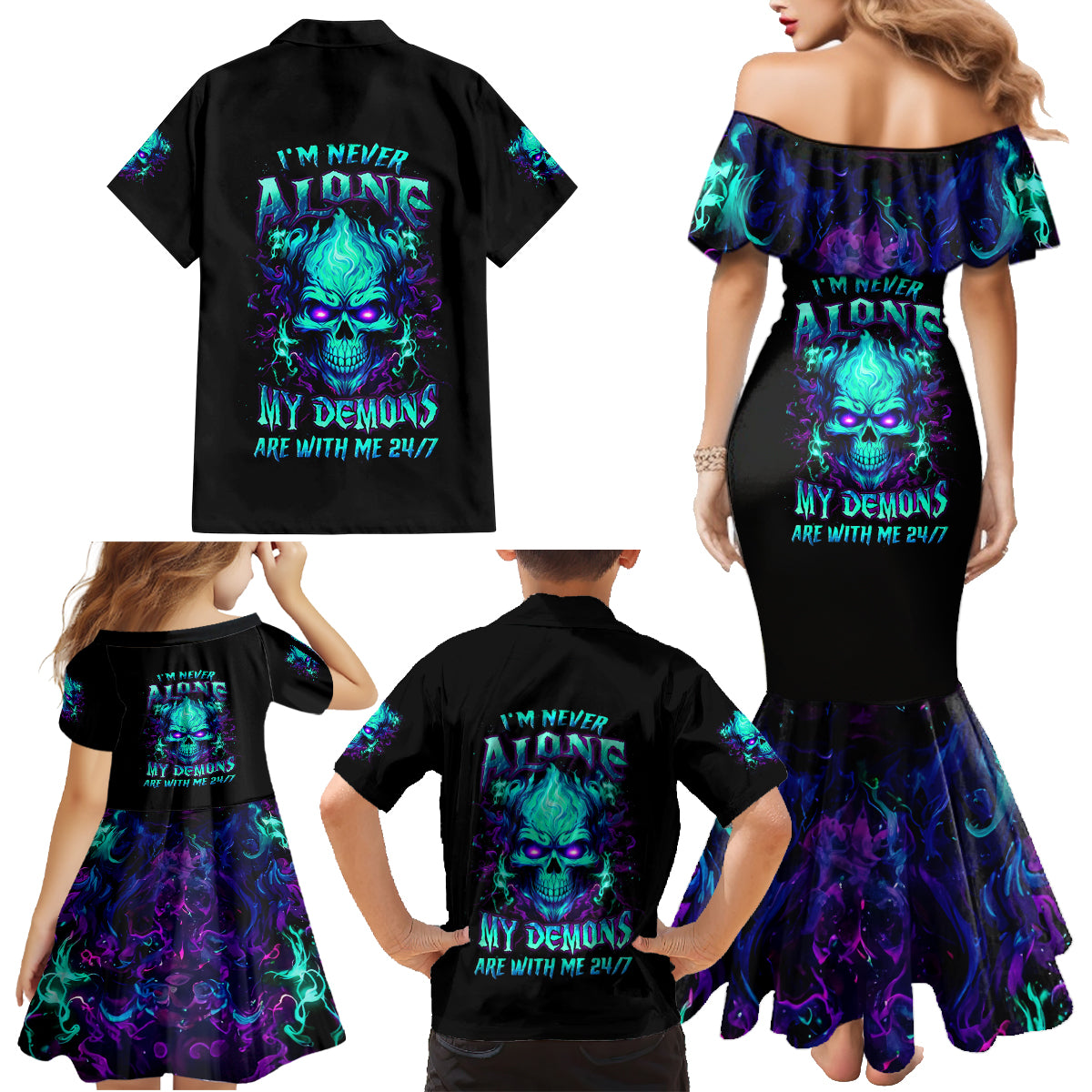 Flame Skull Family Matching Mermaid Dress and Hawaiian Shirt I'm Never Alone My Demons With Me 24/7 - Wonder Print Shop