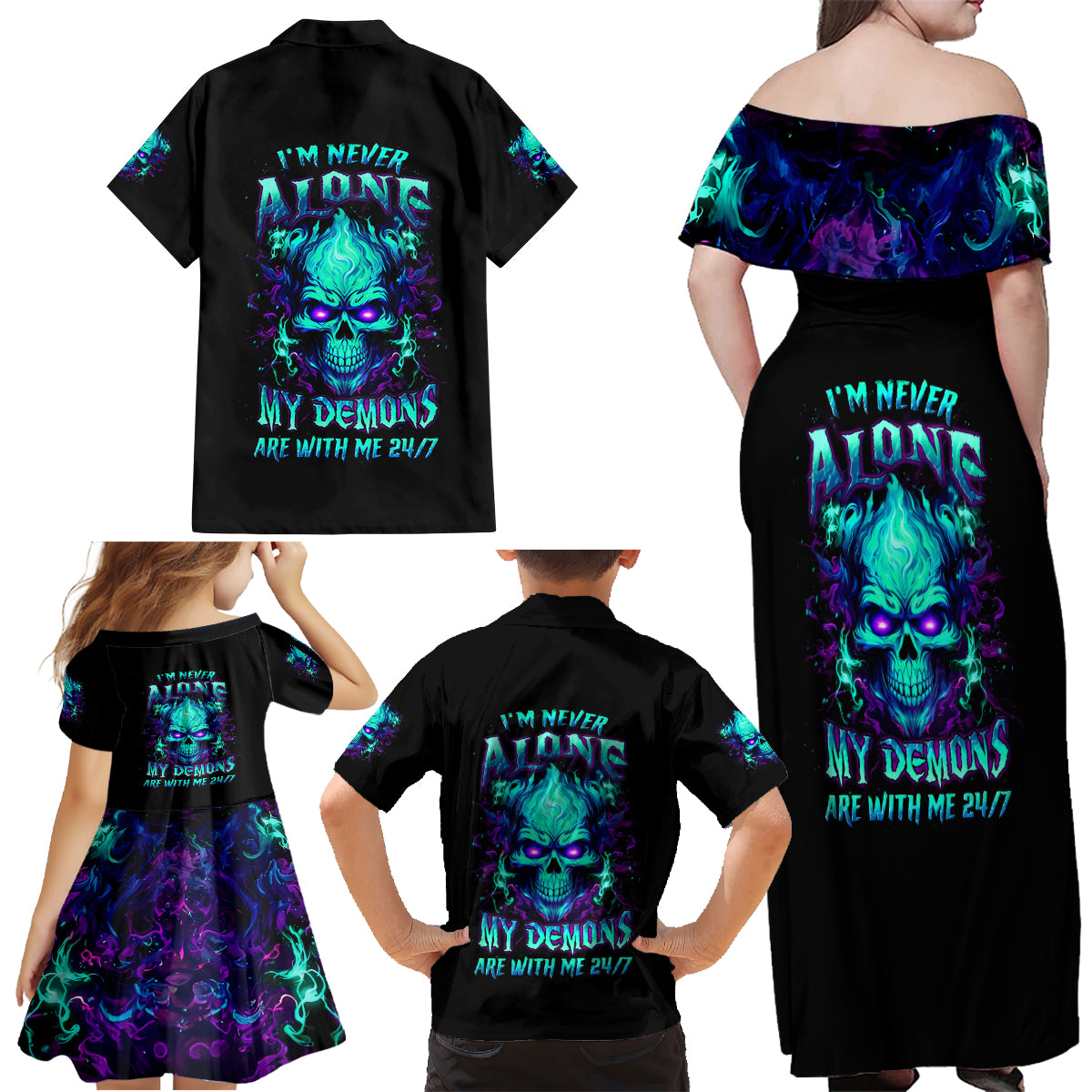 Flame Skull Family Matching Off Shoulder Maxi Dress and Hawaiian Shirt I'm Never Alone My Demons With Me 24/7 - Wonder Print Shop