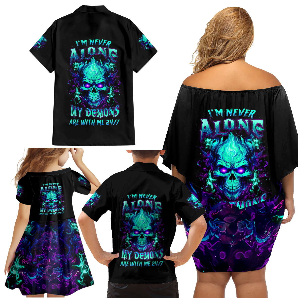 Flame Skull Family Matching Off Shoulder Short Dress and Hawaiian Shirt I'm Never Alone My Demons With Me 24/7 - Wonder Print Shop