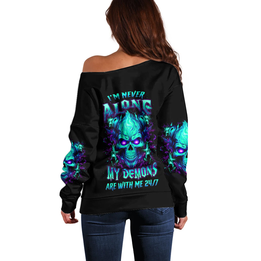 Flame Skull Off Shoulder Sweater I'm Never Alone My Demons With Me 24/7 - Wonder Print Shop