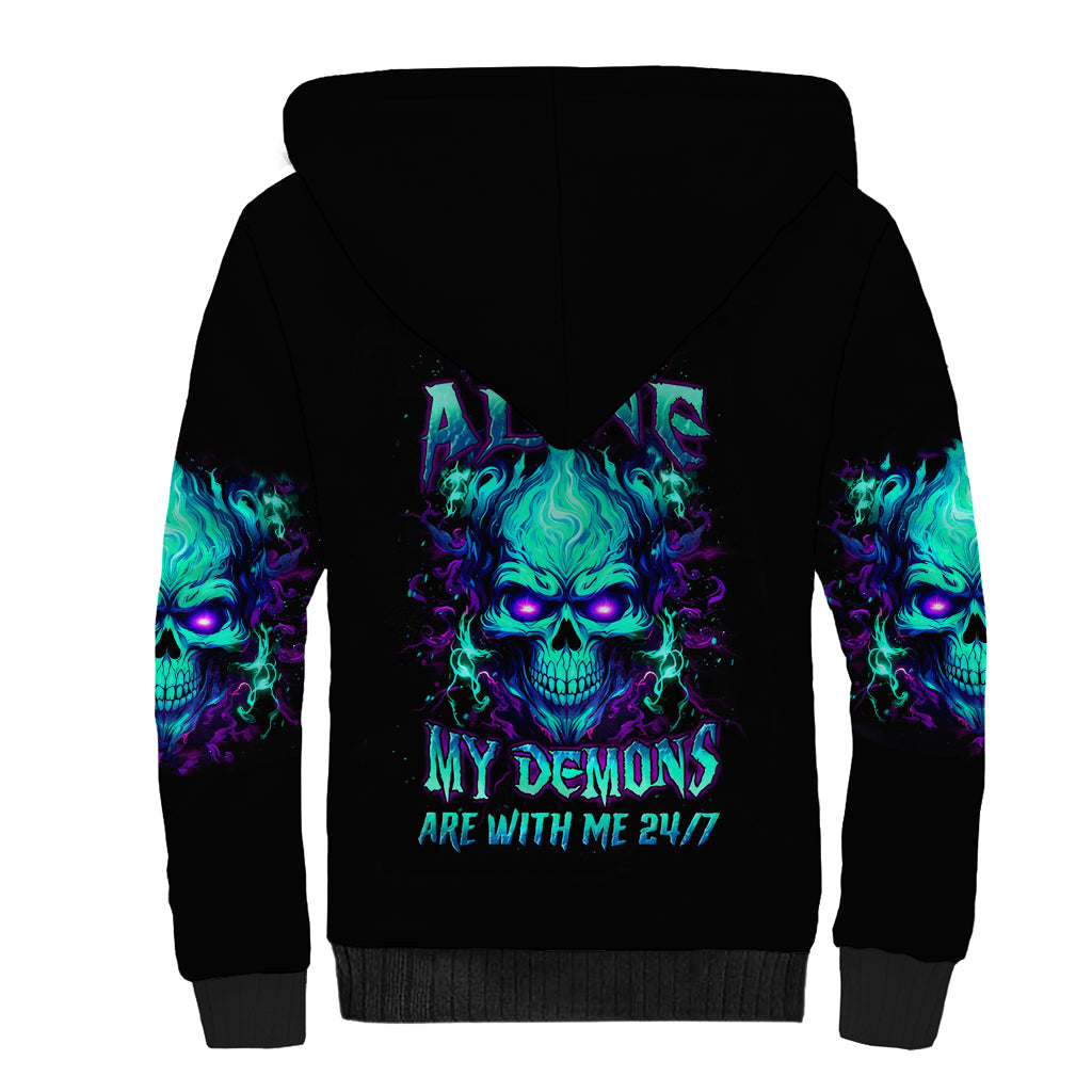 Flame Skull Sherpa Hoodie I'm Never Alone My Demons With Me 24/7 - Wonder Print Shop