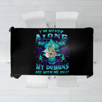Black tablecloth featuring a colorful flame skull graphic with “My Demons Are With Me 24/7”