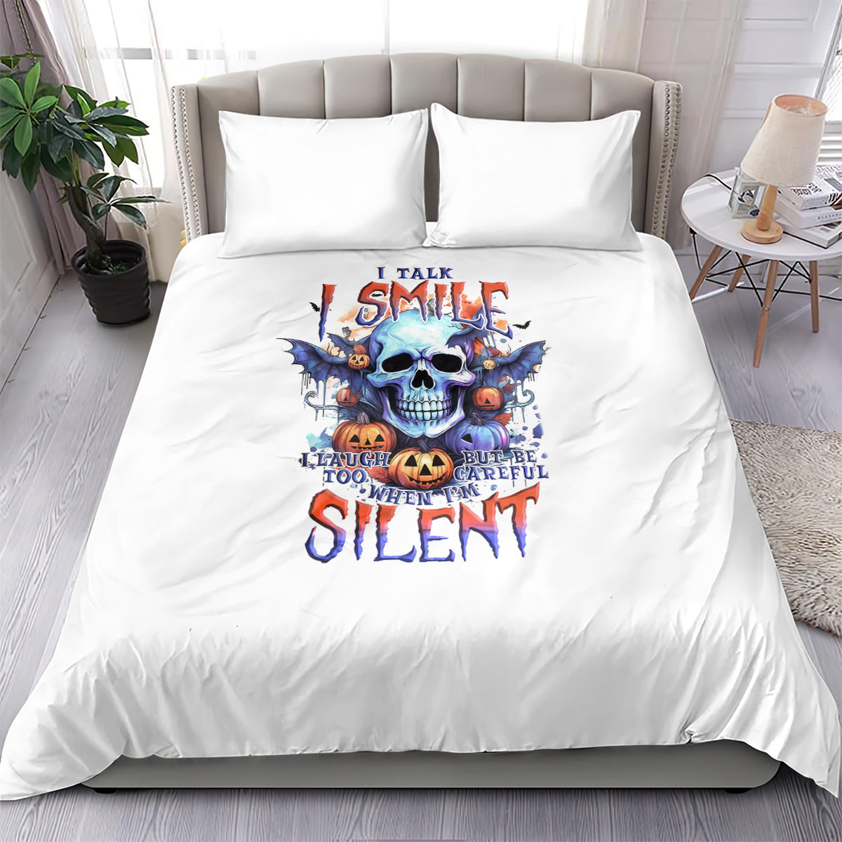 White bedding set with skull graphic on duvet and matching pillowcases