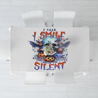 White Halloween tablecloth with colorful bat skull and spooky text center print