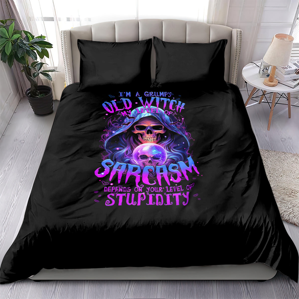 Black bedding set with purple witch skull graphic and two matching pillowcases