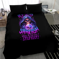 Black bedding set featuring a purple skull witch graphic with two pillowcases