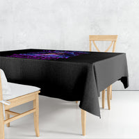 Black square tablecloth with purple mystical skull graphic across the center