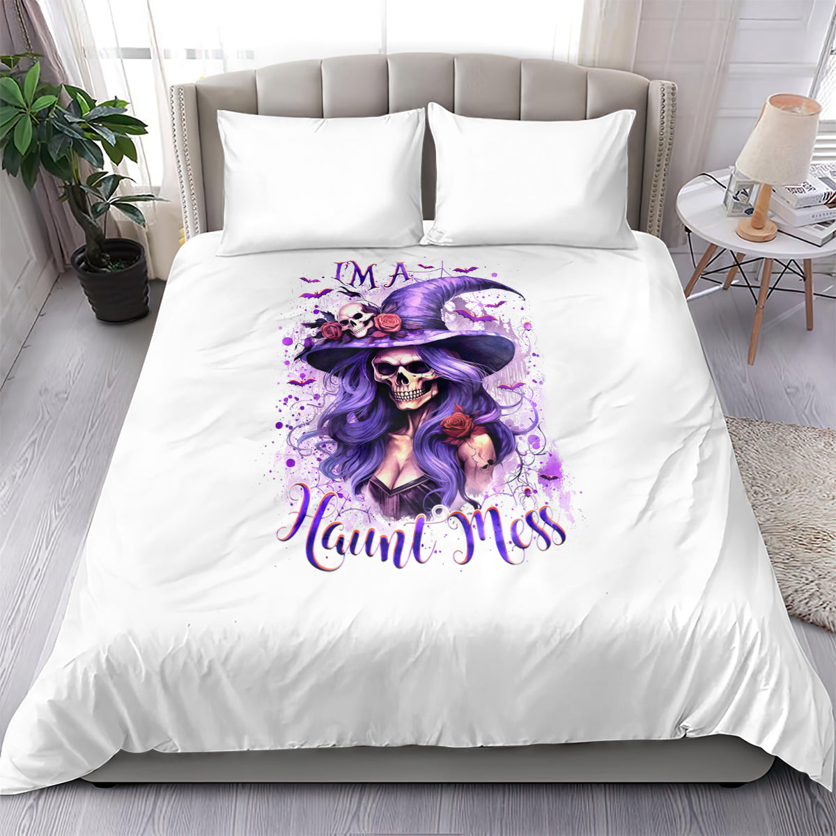 White bedding set with 2 pillowcases, featuring purple witch skull graphic on comforter