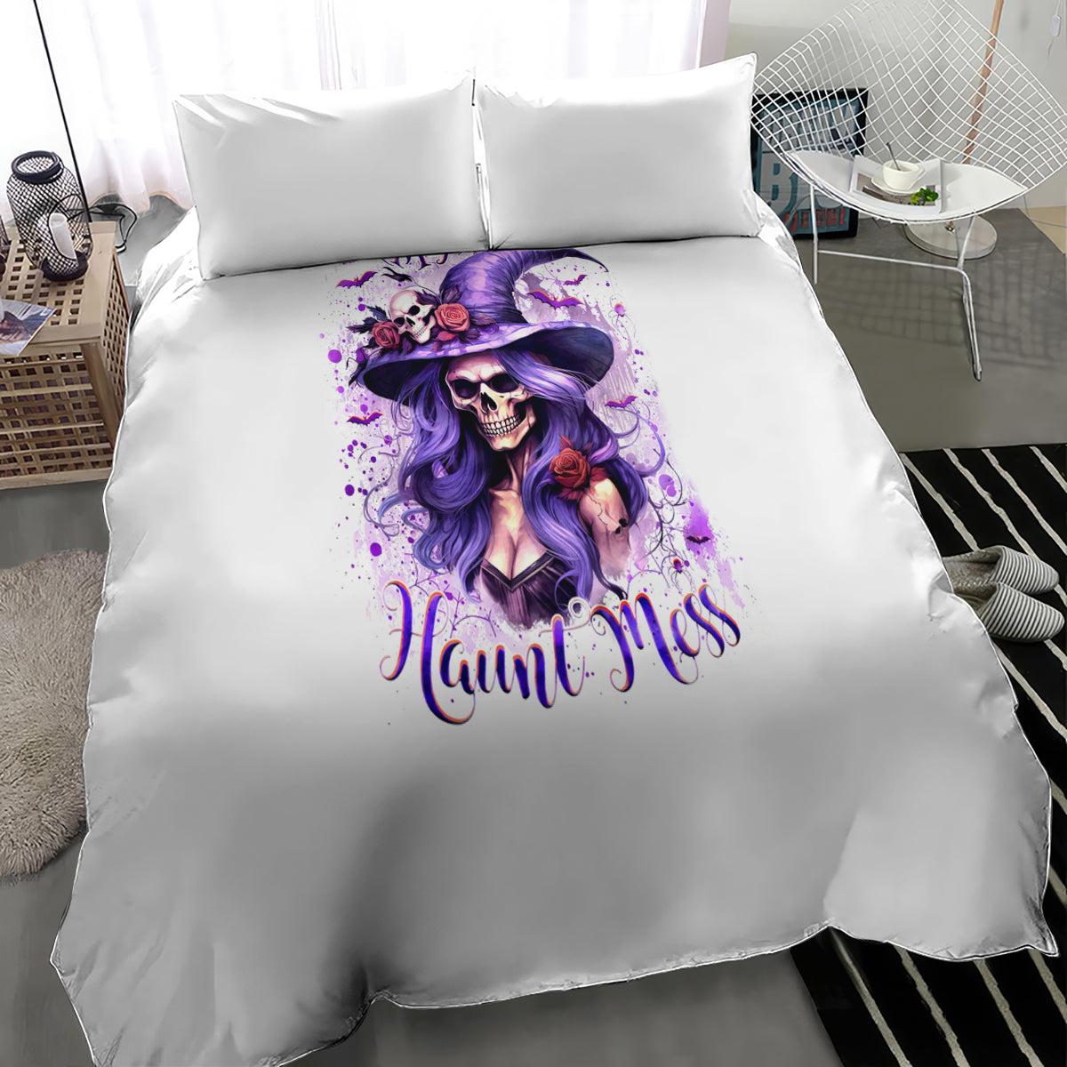 White duvet with purple witch skull illustration and 2 matching pillowcases