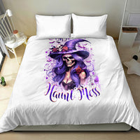 White bedding set, duvet with purple witch skull and roses graphic, 2 pillowcases