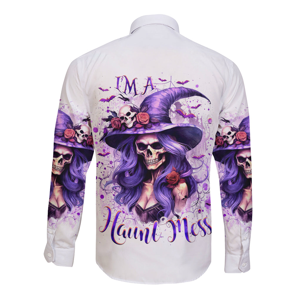 Witch Skull Long Sleeve Button Shirt I'm A Haunt Mess - Wonder Print Shop