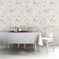 White tablecloth with purple witch skull motif, tabletop center section