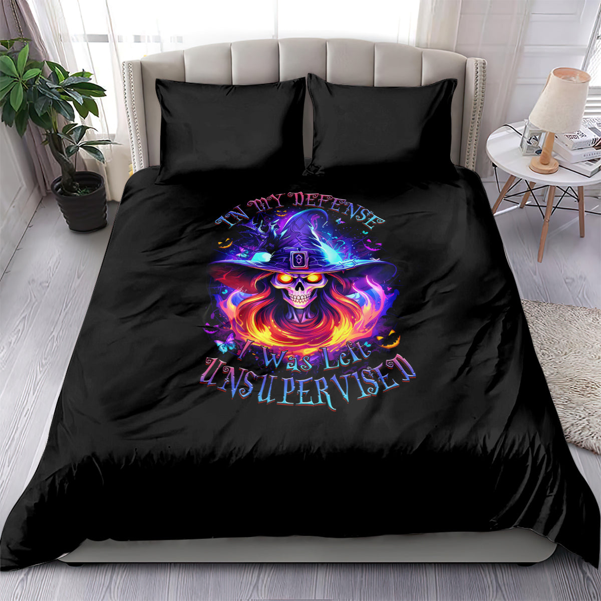 Black duvet cover bedding set with colorful skull witch graphic and two matching pillowcases