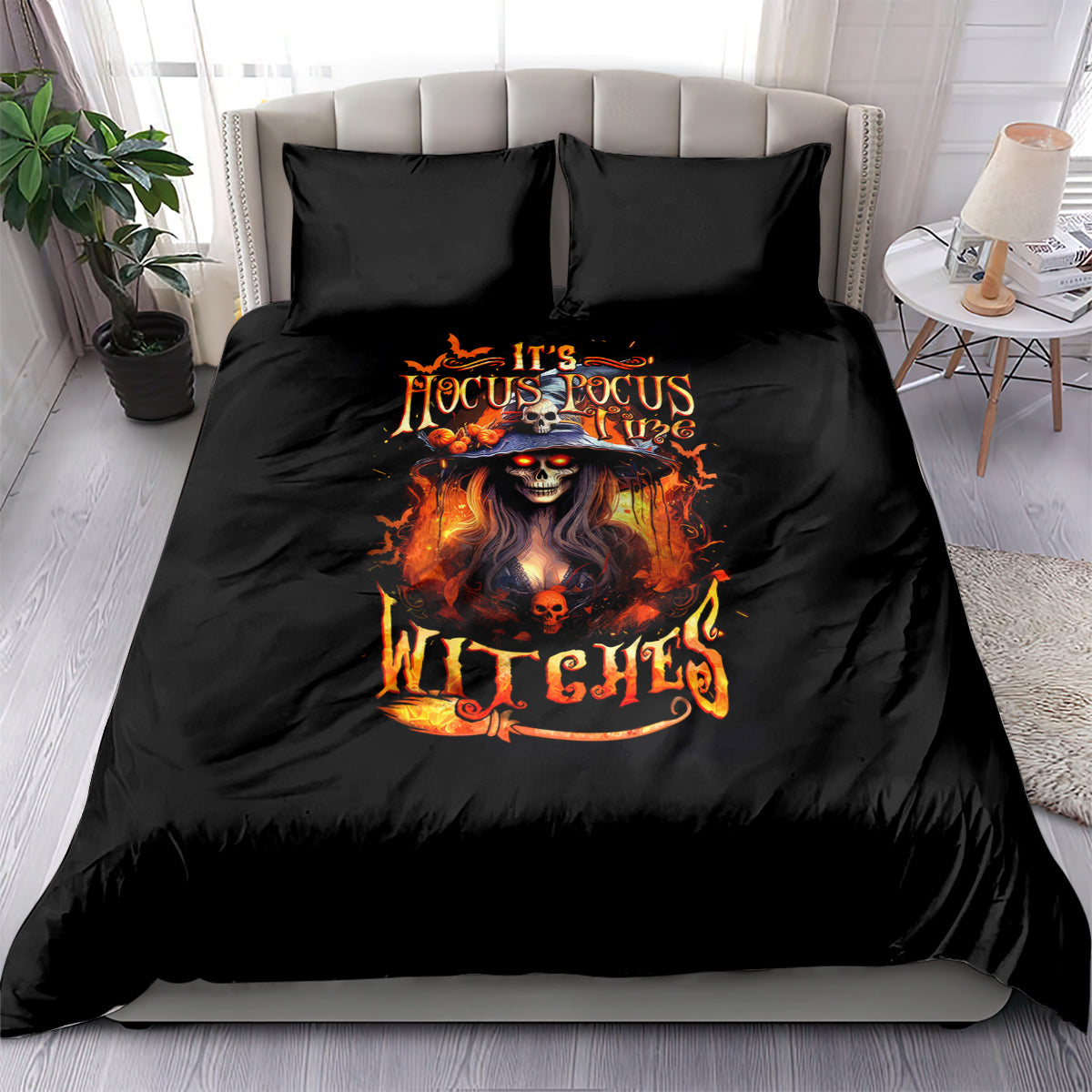 Black bedding set with fiery skull and “Hocus Pocus” lettering on duvet