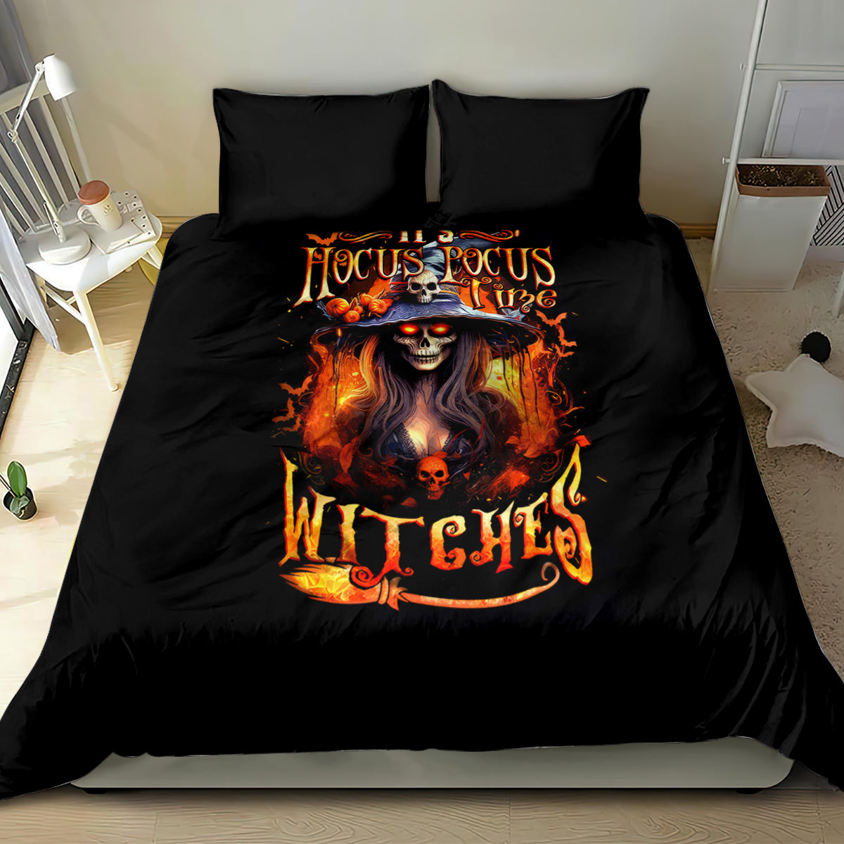 Black bedding set with two shams and matching duvet showing “Hocus Pocus” witch skull