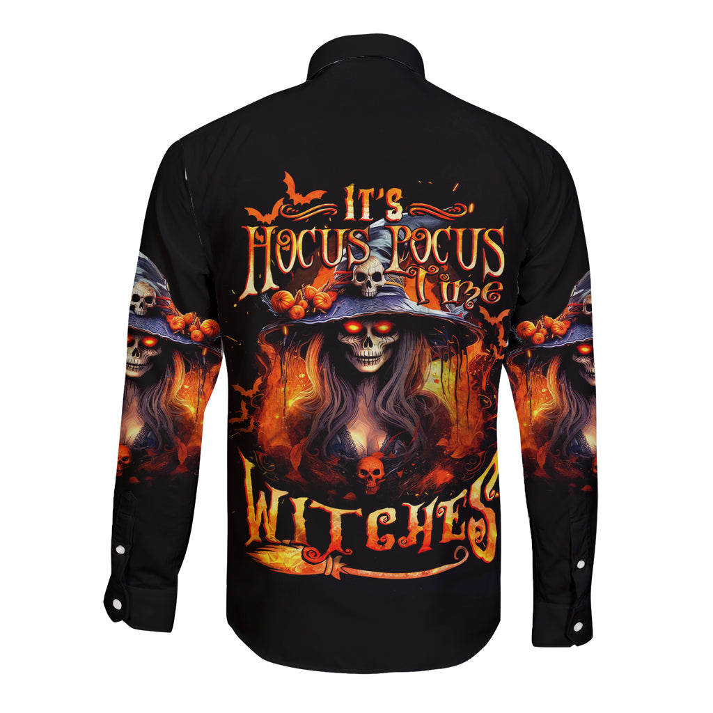 Witch Skull Long Sleeve Button Shirt It's Hocus Pocus Time Witches - Wonder Print Shop