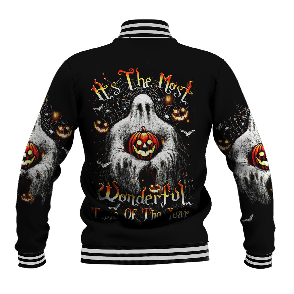 Unisex black baseball jacket with ghost jack-o'-lantern graphic, striped collar and cuffs