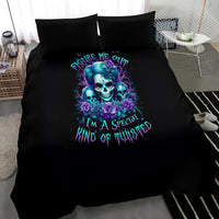 Black bedding set with blue skull and purple roses print on duvet and matching pillowcases