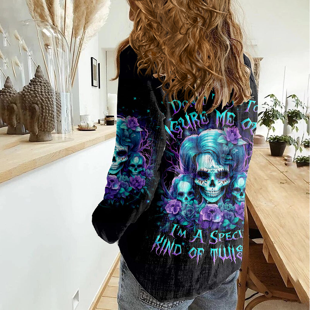 Flower Lady Skull Women Casual Shirt Don't Try To Figure Me Out DT01