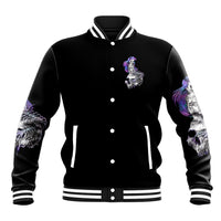Black unisex varsity baseball jacket with front skull graphic, snap buttons and striped rib collar