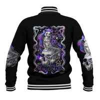 Black unisex baseball jacket with back skull graphic, purple web detailing and striped rib trim