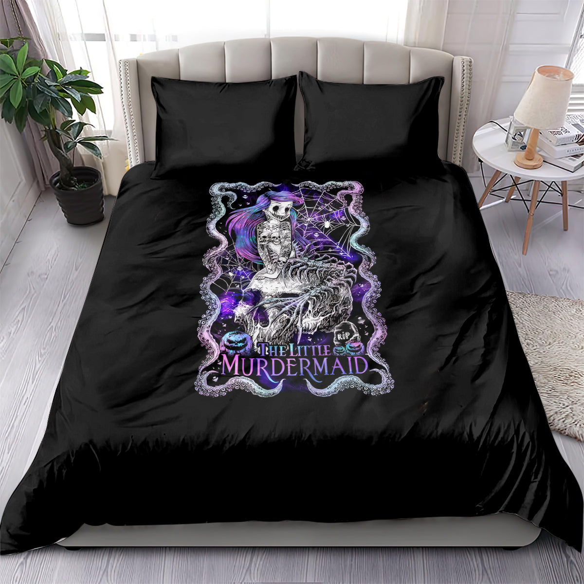 Black bedding set with purple-and-white mermaid skull graphic on comforter and pillows