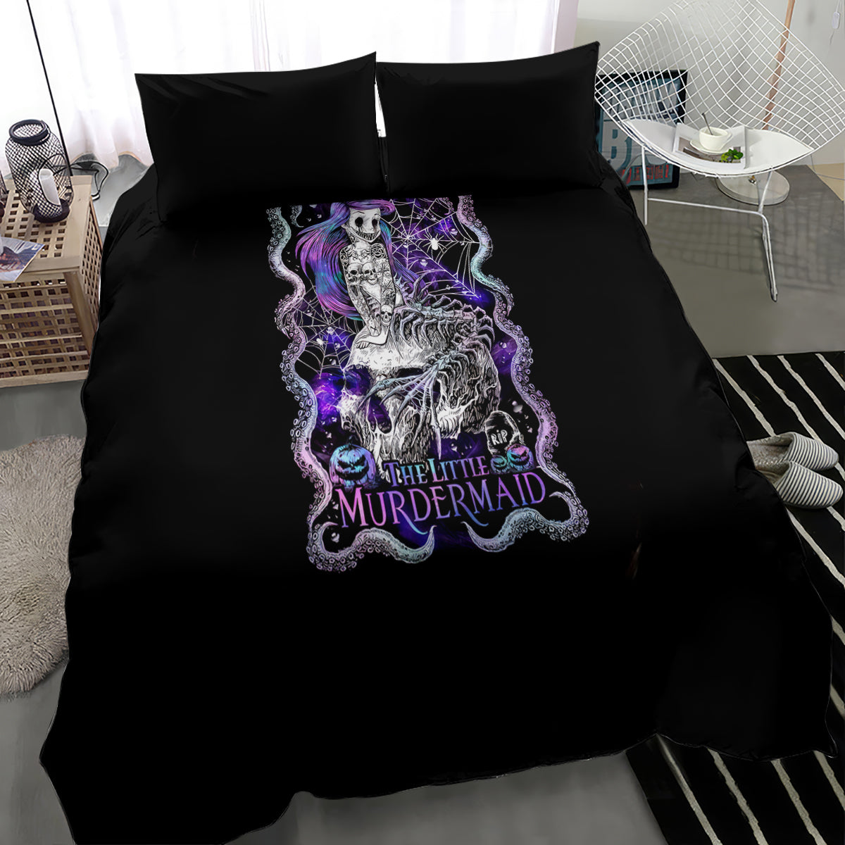 Black bedding set with centered purple-and-white mermaid skull artwork on duvet and pillows