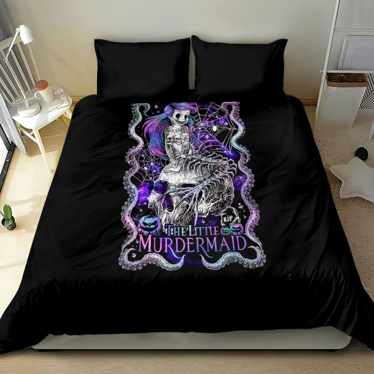 Black comforter bedding set with large purple mermaid skull print and two matching pillowcases